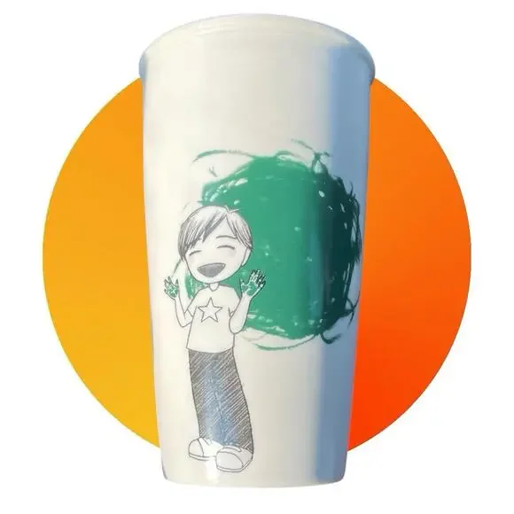 Starbucks 2015 Dot Collection Green Finger Paint Boy Ceramic Travel Mug 12oz - Picture 2 of 6